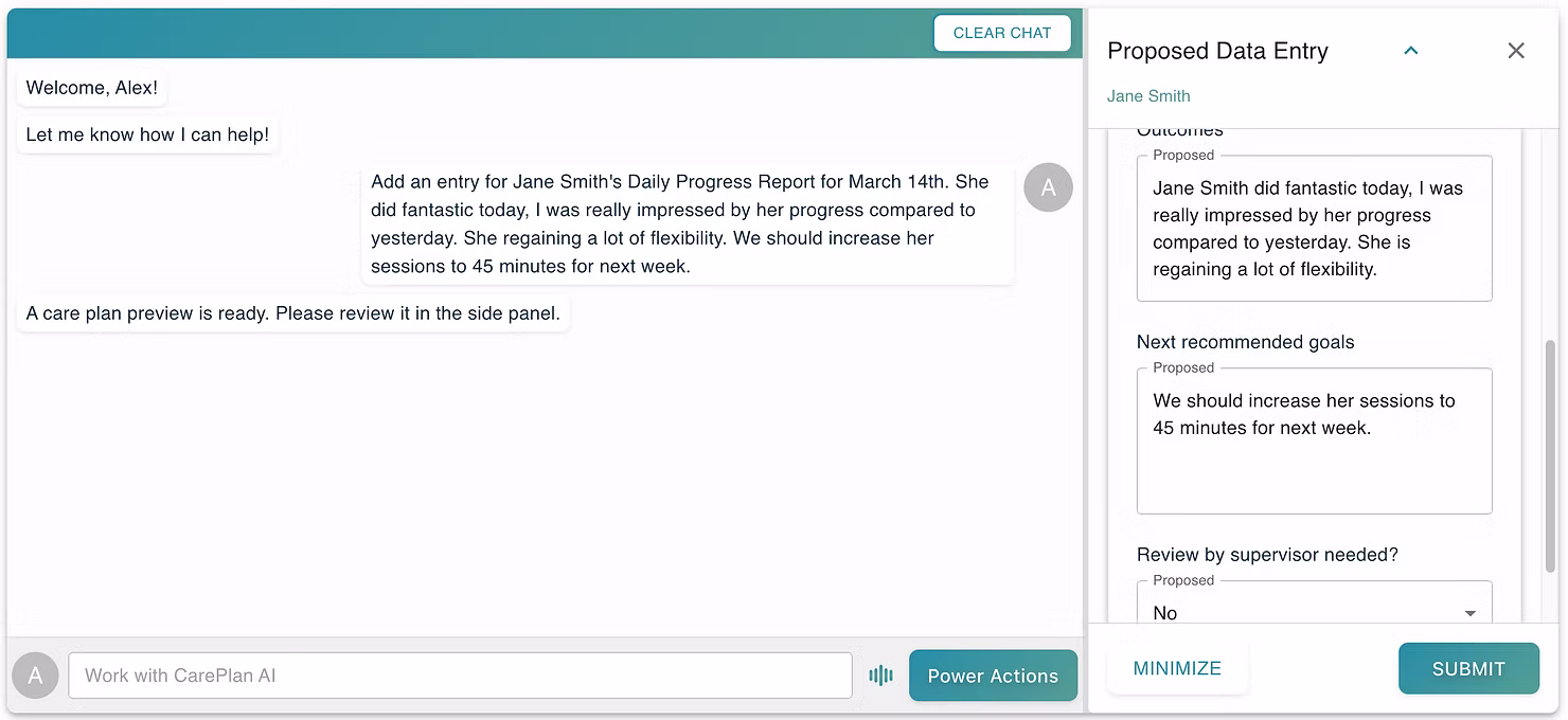 AI chat assistant interface with proposed data entry and client record