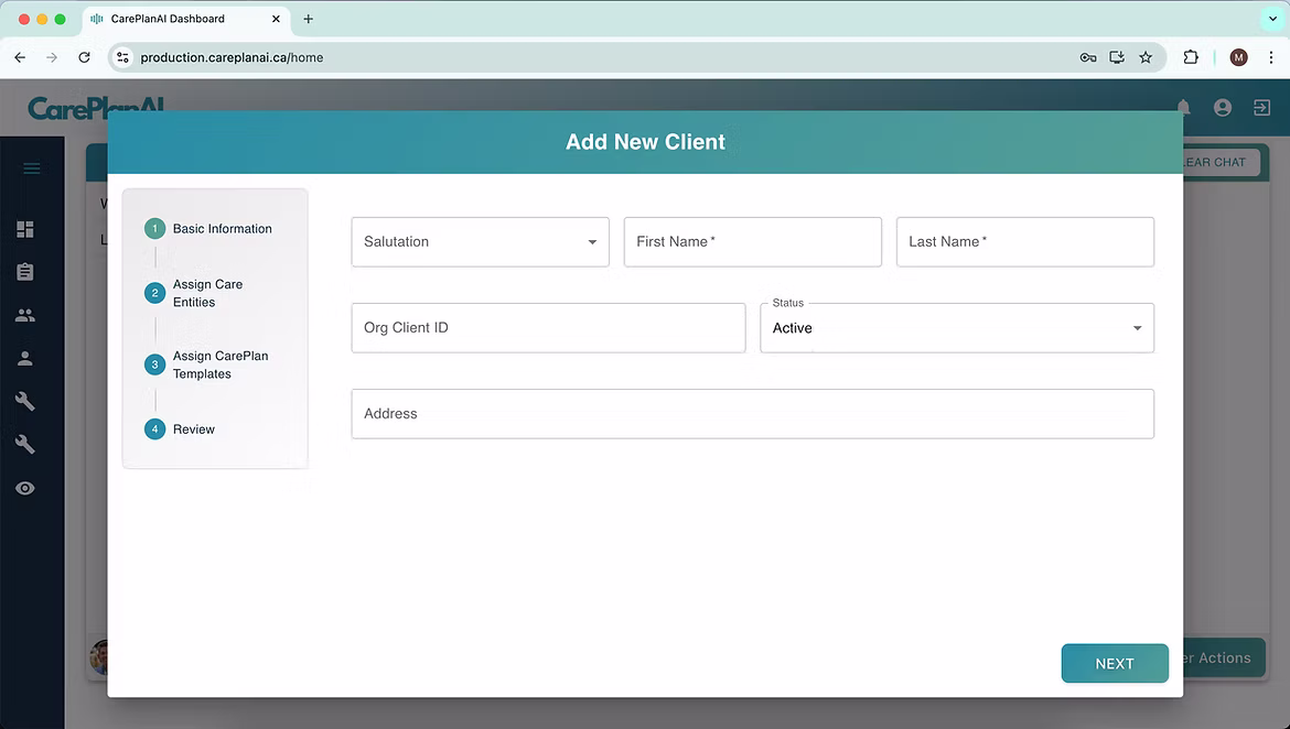 CarePlanAI Add New Client step-by-step wizard with sidebar steps and form fields